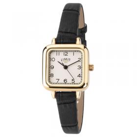 aviator vintage women's gold bezel black pu leather strap analogue wristwatch full main detail angled